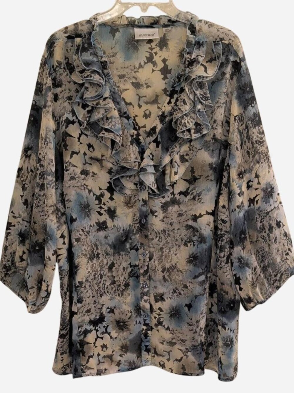 Avenue Blue & Cream Floral Ruffle Blouse | Plus Size 26/28